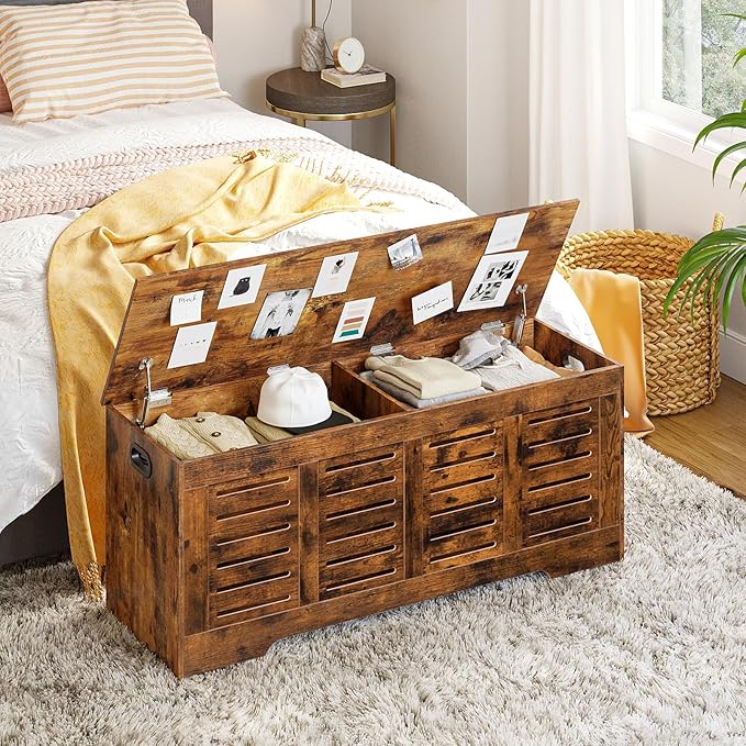 DINZI LVJ Storage Chest, 47.3” Wooden Toy Box with 2 Safety Hinges, Retro Entryway Shoe Storage Bench with Flip-Top, Sturdy Large Storage Trunk for Living Room, Bedroom, Easy Assembly, Rustic Brown