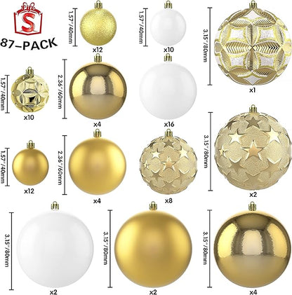 87ct Christmas Ball Ornaments Set Shatterproof Seasonal Hanging Decorations with Reusable Hand-held Gift Package for Xmas Tree Holiday Party and Home Decor, Gold