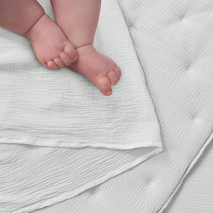 Levtex Baby - Cloud Muslin Crib Bed Set - Baby Nursery Set - White Stars - Textured Muslin - 5 Piece Set Includes Quilt, Fitted Sheet, Two Swaddles & Bear Lovey