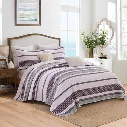 Homzard King Size Comforter Set, Cotton Quilt, Purple and Grey Bedding Set, Lightweight Striped Bedspread, Reversible Coverlet King Size (106"X98") with 2 Pillow Shams All Season