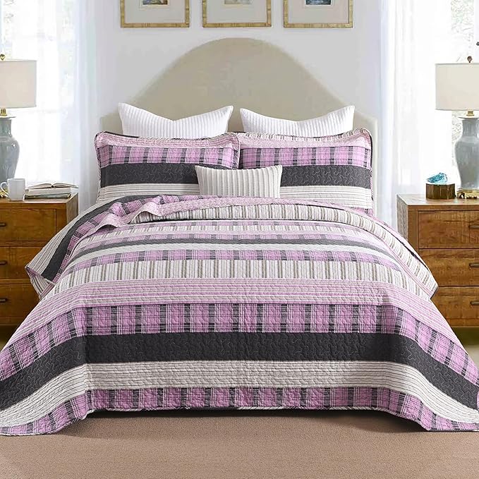 Homzard Queen Comforter Set，Cotton Quilts Queen Size，Pink Black Beige Bedding，Plaid Striped Bedspread，Lightweight Reversible Coverlet All Season 3 Pieces