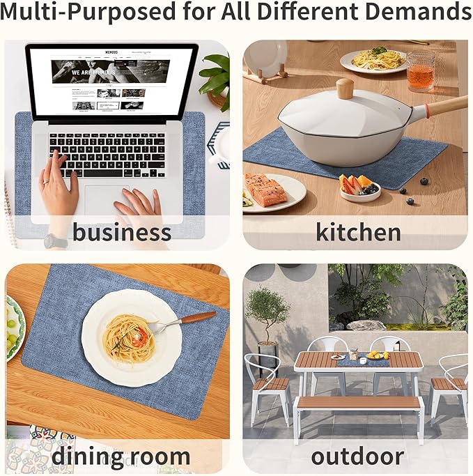 Maxpearl Faux Leather Placemats Set of 4, Waterproof - Wipe Clean - Heat Resistant - Anti Slip Dining Table Place Mats, Suitable for Indoor & Outdoor Use, 17’’×12’’, Blue