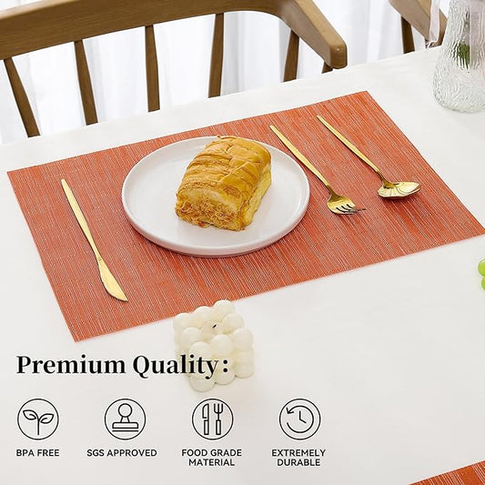 Leetaltree Orange Placemats Set of 4 - Heat Resistant Non-Slip Place mats for Dining Table, Washable Durable PVC Vinyl Woven Table Mats（Orange, 4）