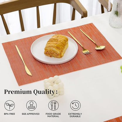 Leetaltree Orange Placemats Set of 6 - Heat Resistant Non-Slip Place mats for Dining Table, Washable Durable PVC Vinyl Woven Table Mats（Orange, 6）