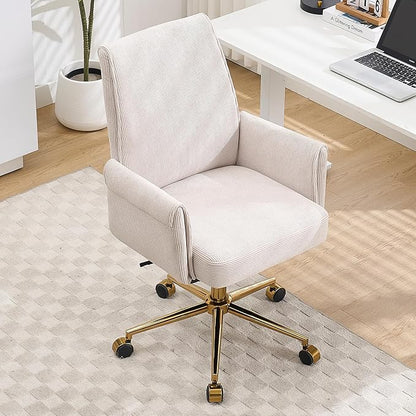 Striped Velvet Office Chair, 360° Swivel Ergonomic Task Chair with High Back, Gold Base and Wheels, Height Adjustable Modern Accent Chair for Home Office, Living Room, Study, Vanity Room (Cream)