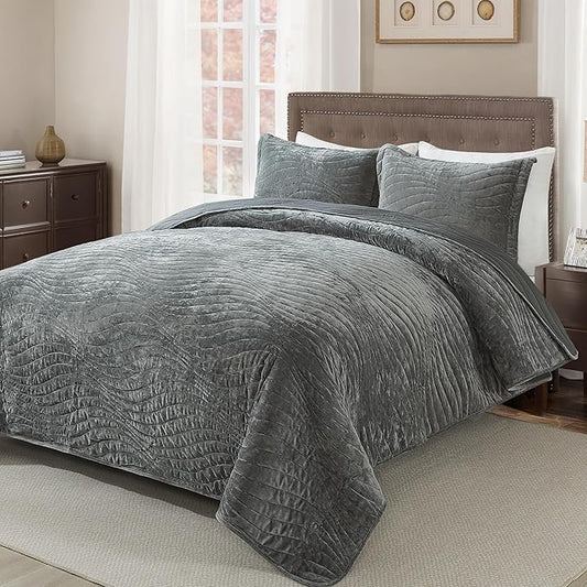 HoneiLife Velvet Quilt Sets King - Lightweight Bedspreads 3-Pieces, Stripe Coverlets Rustic Bed Cover King Quilt Bedding Sets for All Season Use, Grey