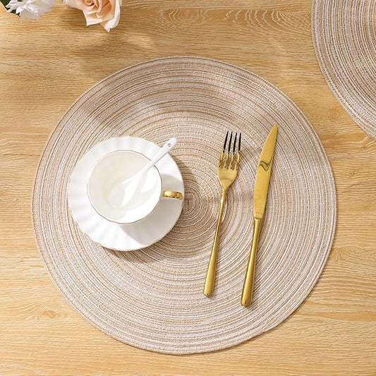 SHACOS Round Braided Placemats Set of 8 Cotton Fabric Round Table Mats Non Slip Washable 15 inch Round Place Mats (Beige, 8)