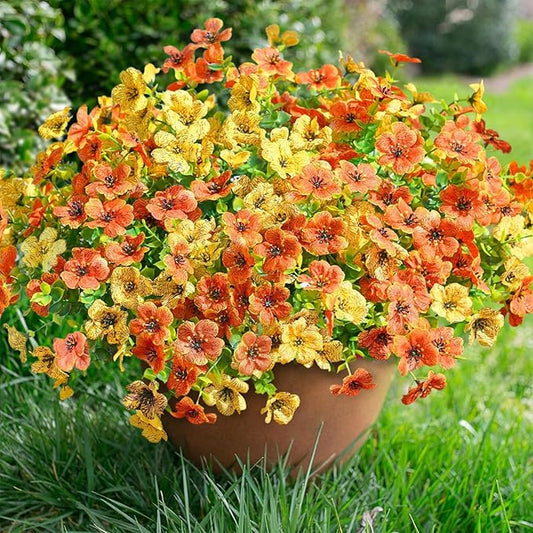 Artificial Silk Fall Mums Plants Flowers for Outdoor Outside Decoration, 12 Bundles Fake Faux Orange Yellow Daisy UV Resistant Realistic for Autumn Porch Patio Home Yard Planter
