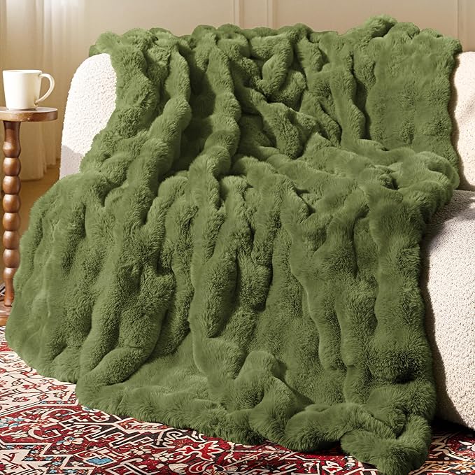Ultra Soft Cozy Faux Fur Throw Blanket, Fuzzy Plush Thick Bubble Blanket, Oversize Luxury Fluffy Blanket for Couch, Sofa, Bedroom, and Living Room,50x60 Inches,Sage