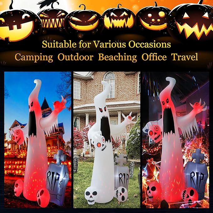 12 FT Halloween Inflatables Outdoor Halloween Blow Up Yard Decorations Horror White Ghost with 3 Skull Heads Bleeding Eyeball Tombstone Halloween Decorations Clearance for Party Yard Garden
