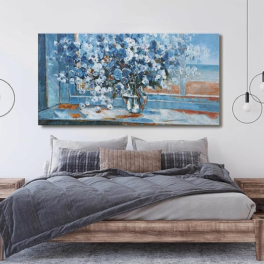 Large Wall Art Canvas Painting Blue Floral Wall Art Pictures Wall Decor Canvas Print For Living Room Bedroom Dining Room Home Office Decor 30"X60"