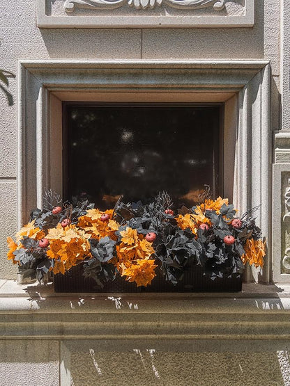 10pcs Fake Plants Outdoor, Halloween Maple Pumpkin Branch, Autumn Artificial Pumpkins Stem with Black & Orange Maple Leaves, Faux Maple Leaves Spray for Halloween Thanksgiving Home Deocr