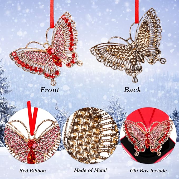 PETCEE Butterfly Christmas Ornaments 2025 Metal Monarch Butterfly Ornaments for Christmas Tree Decorations Red Monarch Hanging Ornament Keepsake Gifts for Women Girls Sisters Mom Grandma
