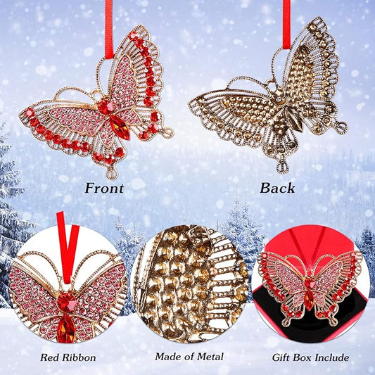 PETCEE Butterfly Christmas Ornaments 2025 Metal Monarch Butterfly Ornaments for Christmas Tree Decorations Red Monarch Hanging Ornament Keepsake Gifts for Women Girls Sisters Mom Grandma
