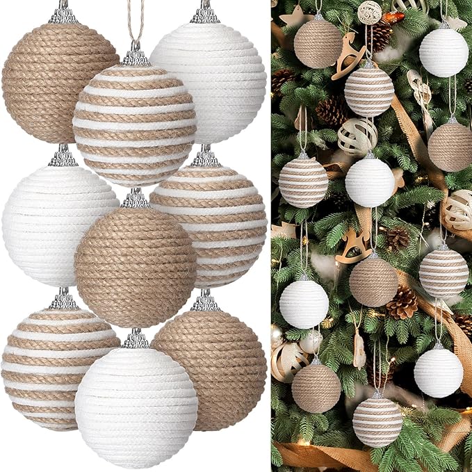 Syhood 9 Pcs 2.36 Inch Christmas Ball Ornaments Boho Farmhouse Jute Rope Hanging Balls Burlap Neutral Rustic Ornaments for Xmas Tree Holiday Wreath Garland Wedding Home(Linen, Cream White)