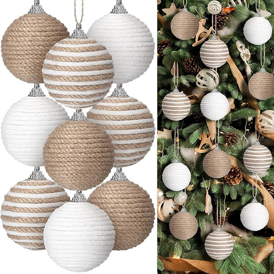 Syhood 9 Pcs 2.36 Inch Christmas Ball Ornaments Boho Farmhouse Jute Rope Hanging Balls Burlap Neutral Rustic Ornaments for Xmas Tree Holiday Wreath Garland Wedding Home(Linen, Cream White)
