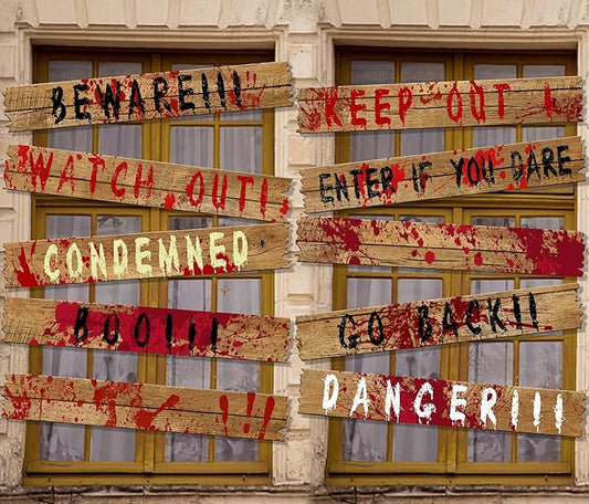 10pcs 39"x4.7" Halloween Haunted Window Boards, Beware Signs Window Warning Signs,Waterproof Outdoor Scary Sign for Halloween Party Decoration (10pcs window boards)