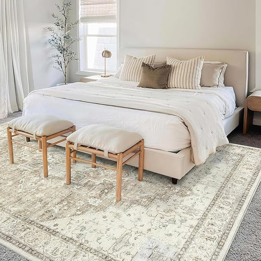 4x6 Boho Neutral Living Room Rug Washable Vintage Rustic Persian Farmhouse Style Easy to Clean Stain Resistant Area Rugs for Dining Room, Light Tan Brown and Beige