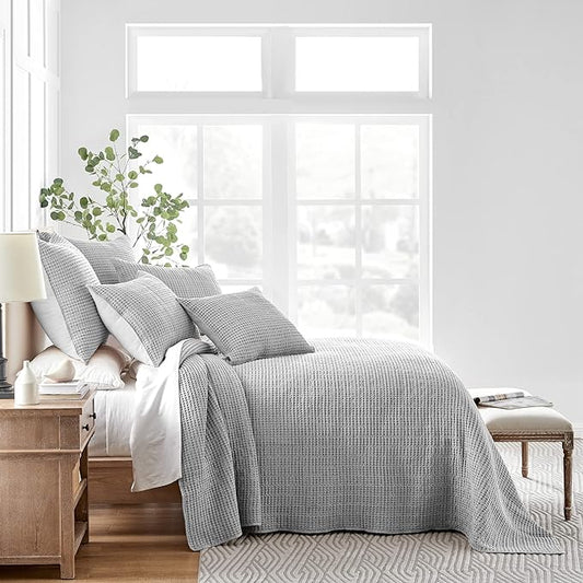 Levtex Home Mills Waffle Twin Bedspread Set (84x104in) with 1 Pillow Sham (26x20in) - Grey - Cotton Waffle Twin Size Bedspread Set - Lightweight, Soft, Pre-Washed