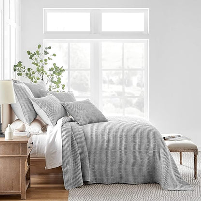 Levtex Home Mills Waffle King Bedspread Set (122x106in) with 2 Pillow Shams (36x20in) - Grey - Cotton Waffle King Size Bedspread Set - Soft, Pre-Washed