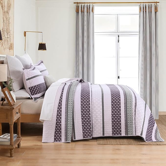Homzard King Size Comforter Set, Cotton Quilt, Purple and Grey Bedding Set, Lightweight Striped Bedspread, Reversible Coverlet King Size (106"X98") with 2 Pillow Shams All Season