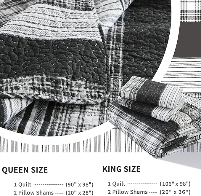 Homzard Quilts Queen Size - Black and White Queen Quilt Bedding Set, Farmhouse Grey Striped Quilt, Lightweight Reversible Comforter Bedspread Set, 3 Piece All Season 100% Cotton