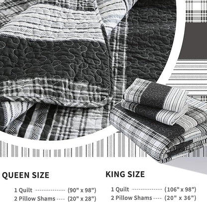 Homzard Quilts Queen Size - Black and White Queen Quilt Bedding Set, Farmhouse Grey Striped Quilt, Lightweight Reversible Comforter Bedspread Set, 3 Piece All Season 100% Cotton