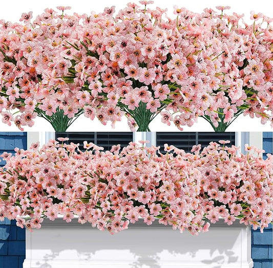 Uieke Artificial Fake Flowers, 16 Bundles Outdoor Plastic Flowers Cemetery Flowers UV Resistant No Fade Floral Arrangements Outside Hanging Planter Home Garden Porch Window Box Décor (Pink)