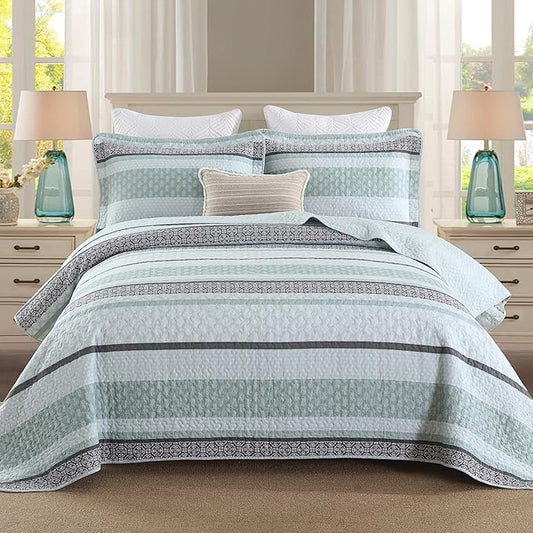 Homzard Quilts Queen Size,Cotton Queen Comforter Set,Mint Green Grey Bed Set,Striped Bedding,Lightweight Bedspreads All Season 3 Piece