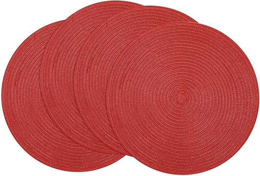 SHACOS Round Braided Placemats 15 inch Set of 4 Washable Kitchen Table Placemats for Home Wedding Party (Red, 4)