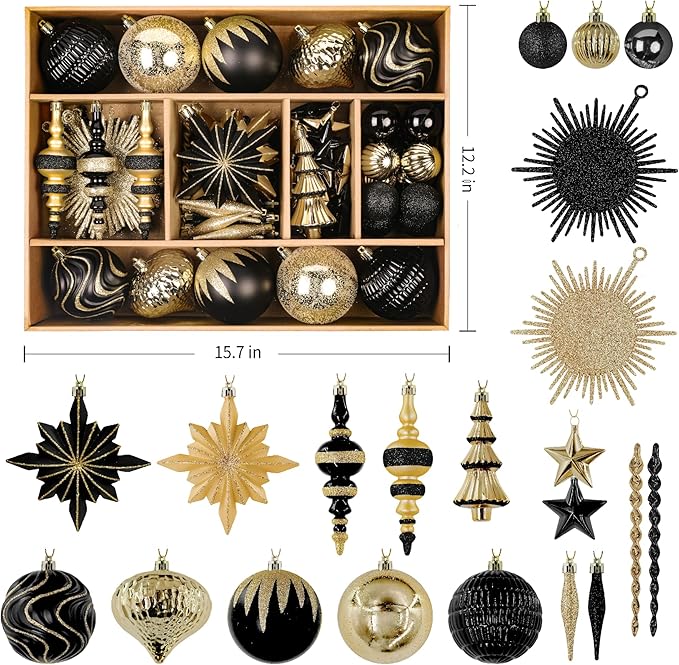 SHareconn 80pcs Christmas Balls Ornaments Set, Contemporary Light Luxury Gift Set, Shatterproof Plastic Decor for Xmas Tree Holiday Wedding Party Decorations with Hanging Strings,Black and Gold