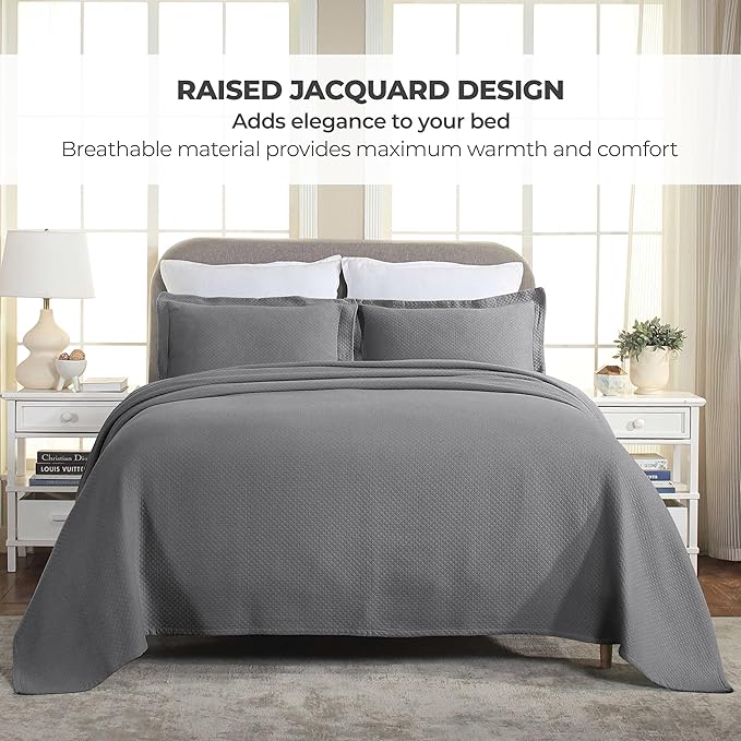 Superior Solitaire Cotton 3 Piece Bedspread Set, Home Bed Decor, Decorative Textured Bed Spread, 2 Pillow Shams, Airy Blanket, Matelasse Coverlet Bedding, All-Season Accent Blanket, Queen, Grey