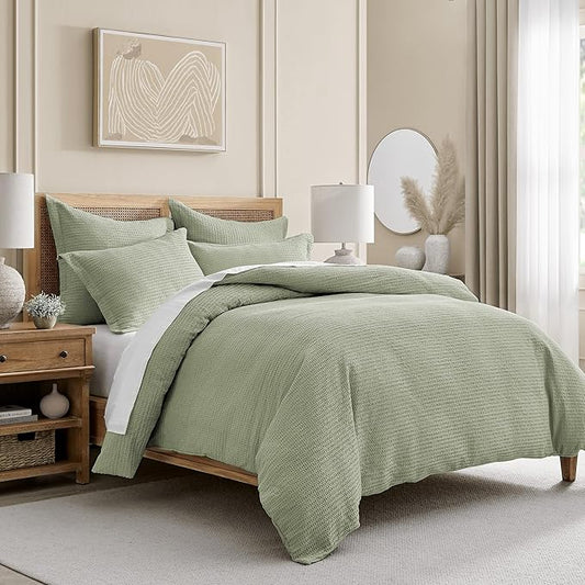 Levtex Home - Cloud Waffle Comforter Set - King Comforter + Two King Pillow Cases - Waffle Weave - Desert Sage - Comforter (106 x 94in.) and Pillow Case (36 x 20in.) - Cotton