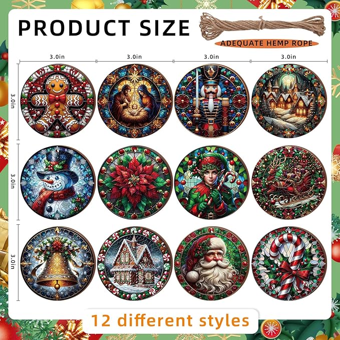 Suzile 36 Pcs Christmas Wooden Ornaments Vintage Christmas Decoration Oil Painting Round Ornaments Retro Santa Claus Gingerbread Man Hanging Decoration for Xmas Farmhouse Home Winter Party