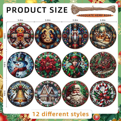Suzile 36 Pcs Christmas Wooden Ornaments Vintage Christmas Decoration Oil Painting Round Ornaments Retro Santa Claus Gingerbread Man Hanging Decoration for Xmas Farmhouse Home Winter Party