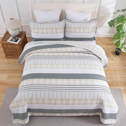 Homzard Twin Quilt, Cotton Comforter Set, Cream Grey Quilt Bedding,Reversible Lightweight Twin Bedspread,2 Pieces