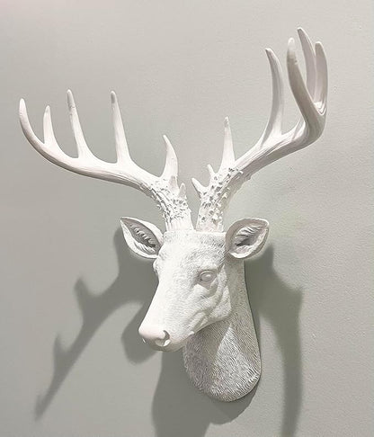 Top Brass 12 1/2" Faux White Deer Head/White Antlers Wall Decor - Modern Minimalism Taxidermy Art Sculpture