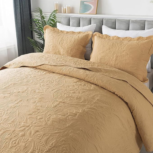 HoneiLife Embroidered Quilt King Size - 3 Pieces Microfiber Quilt Sets Lightweight Bedspreads Reversible Coverlets Retro Bed Cover Paisley Pattern Bedding Set All Season Quilts-Yellow