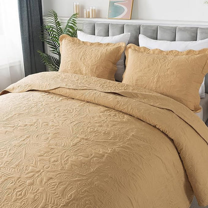 HoneiLife Queen Quilt Bedding Set - 3 Pieces Microfiber Quilt Sets Lightweight Bedspreads Reversible Coverlets Retro Bed Cover Paisley Pattern Bedding Set All Season Quilts-Yellow