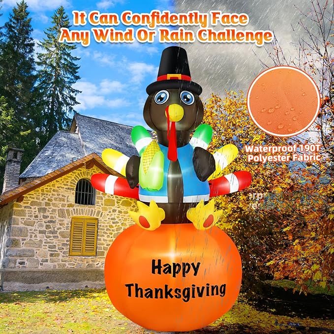 B&D 8FT Thanksgiving Inflatables Turkey Sitting on Pumpkin, Blow up Turkey Thanksgiving Decorations Outdoor Built-in LEDs Autumn Fall Harvest Decorations for Holiday Yard Lawn Garden Patio Decor