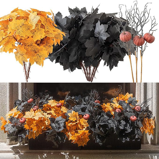 10pcs Fake Plants Outdoor, Halloween Maple Pumpkin Branch, Autumn Artificial Pumpkins Stem with Black & Orange Maple Leaves, Faux Maple Leaves Spray for Halloween Thanksgiving Home Deocr
