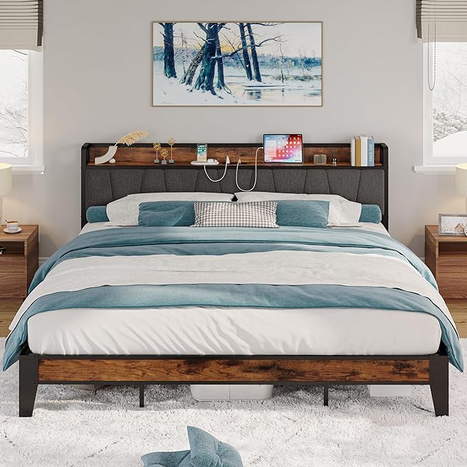 LIKIMIO California King Bed Frames, Storage Headboard with Charging Station, Solid and Stable, Noise Free, No Box Spring Needed, Easy Assembly