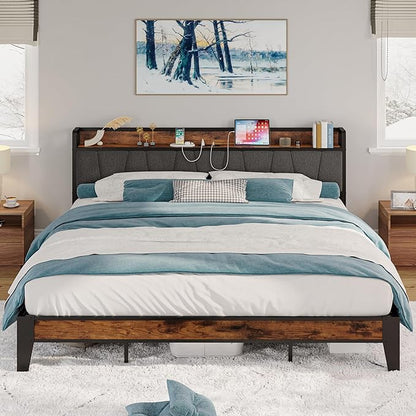 LIKIMIO California King Bed Frames, Storage Headboard with Charging Station, Solid and Stable, Noise Free, No Box Spring Needed, Easy Assembly