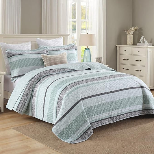Homzard King Size Quilt,Cotton King Size Comforter Set,Mint Green Grey Bedding Set,Striped Bedspread,Lightweight 3 Piece