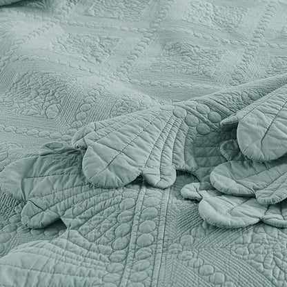 MarCielo 3-Piece 100% Cotton Oversized Bedspread Lightweight Quilt Coverlet Embroidery Farmhouse Bedding Set (Tk Aqua Green, Oversized Queen (100"x106"))
