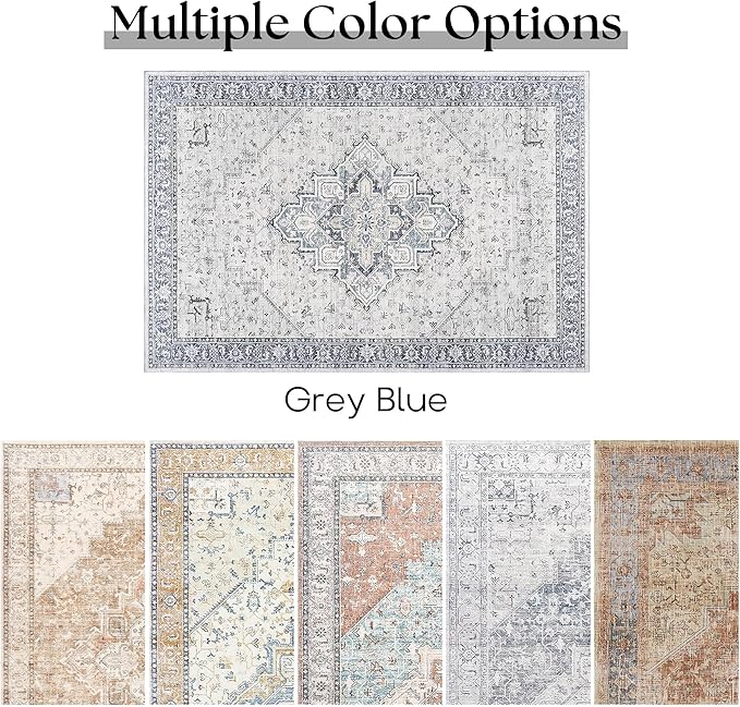 Blue Dining Room Rug 6x9 Washable Easy to Clean Stain Resistant Medallion Printed Vintage Area Rug for Bedroom