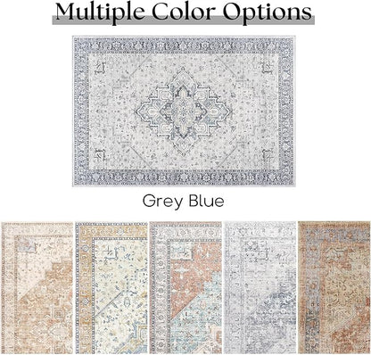 Boho Kitchen Rugs Washable - Non Slip Vintage Throw Area Rug 2x3 Thin Entryway Rugs Indoor,Front Door Mat Floor Doormat for Entry,Blue and Cream Beige