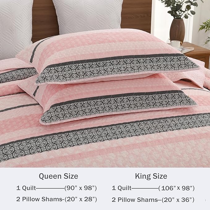Homzard King Size Comforter Set, Cotton Quilt,Light Pink and Grey Bedding Set,Lightweight Striped Bedspread, Reversible Coverlet King Size (106"X98") with 2 Pillow Shams All Season