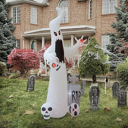 12 FT Halloween Inflatables Outdoor Halloween Blow Up Yard Decorations Horror White Ghost with 3 Skull Heads Bleeding Eyeball Tombstone Halloween Decorations Clearance for Party Yard Garden