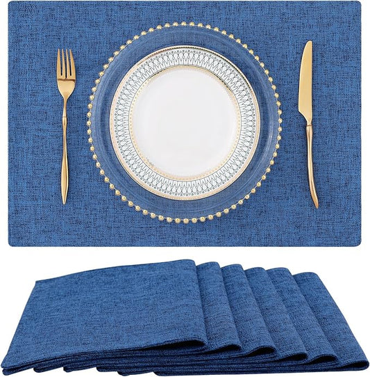 homing Navy Blue Cotton Linen Blend Placemats for Dining Table Set of 6 – Washable Farmhouse Kitchen Mats for Indoors & Outdoors, Easy to Clean, 13 x 19 Inch